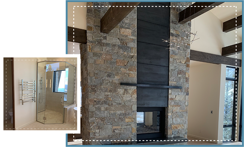 A collage of photos with a fireplace and stairs.